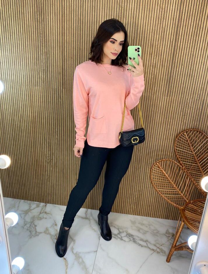 Blusa Manga Longa Feminina Modal com Bolsos Rosa Bebe - Fernanda Ramos Store