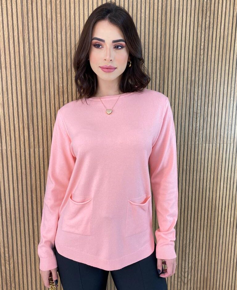 Blusa Manga Longa Feminina Modal com Bolsos Rosa Bebe - Fernanda Ramos Store