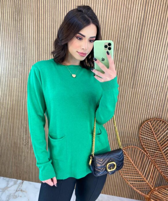 Blusa Manga Longa Feminina Modal com Bolsos Verde Fernanda Ramos Store