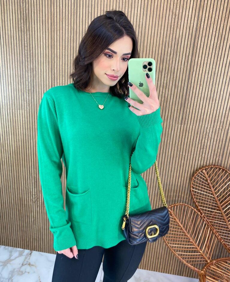 Blusa Manga Longa Feminina Modal com Bolsos Verde Fernanda Ramos Store