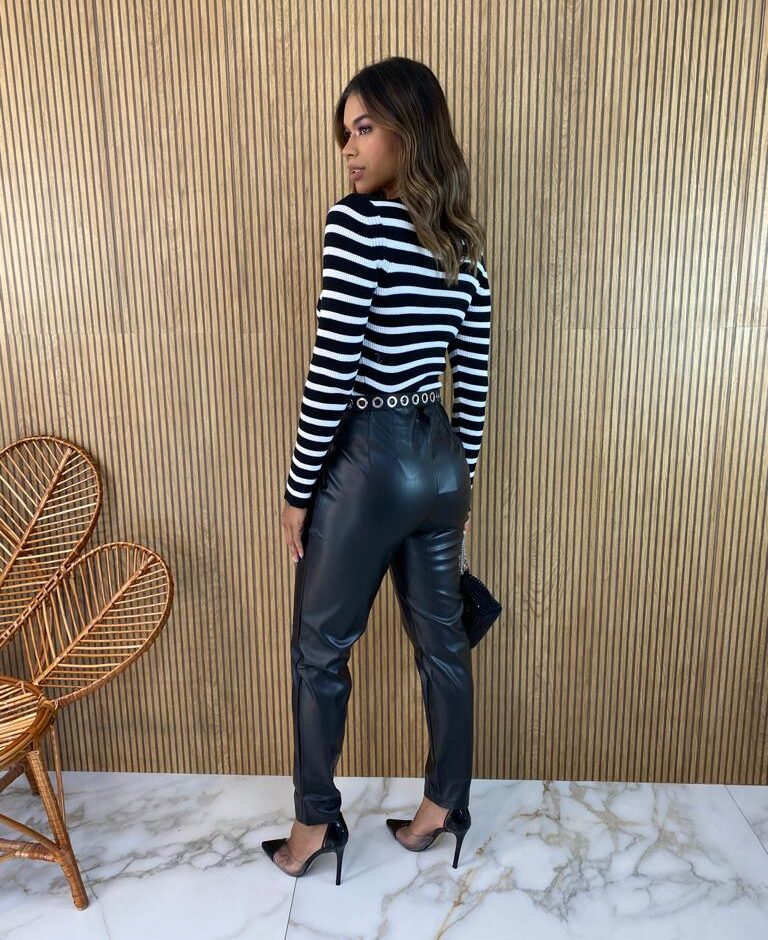 Blusa Manga Longa Feminina Tricot Elisa Listrada Branca e Preta - Fernanda Ramos Store