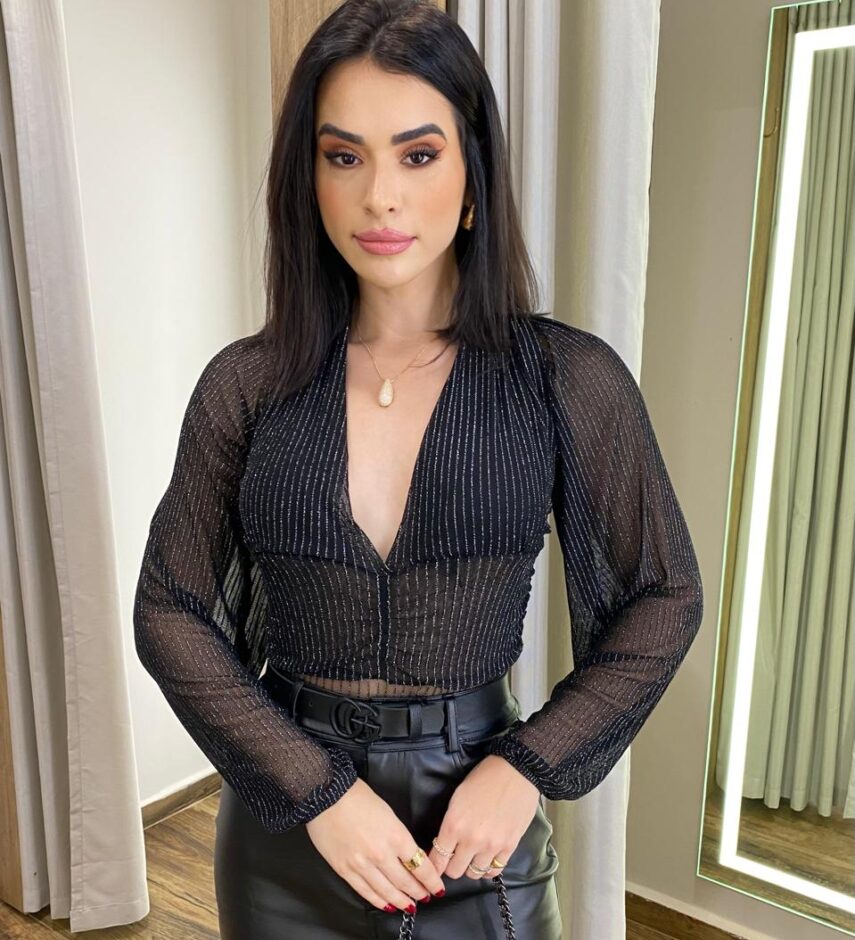 Body Feminino Manga Longa sem Bojo Lurex Fio Prata Preto - Fernanda Ramos Store