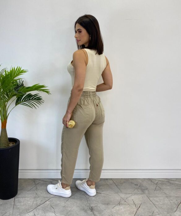 Calça Feminina Jogger com Elástico Liocel Bege 015654 - Fernanda Ramos Store