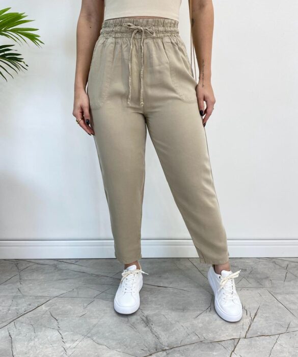 Calça Feminina Jogger com Elástico Liocel Bege 015654 - Fernanda Ramos Store