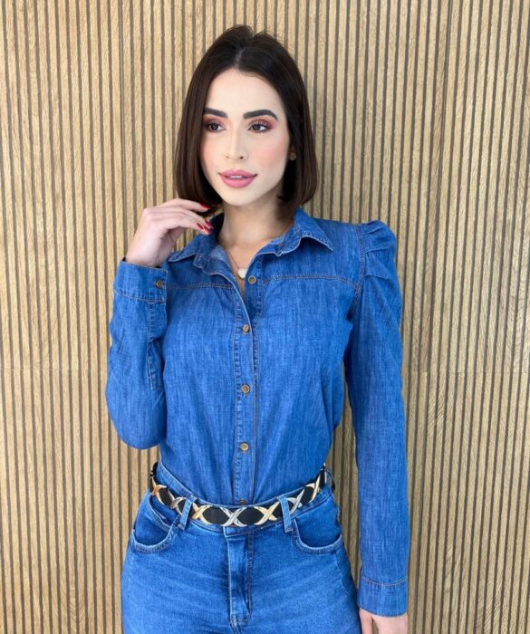 Camisa Feminina Juliana Manga Princesa Jeans Fernanda Ramos Store