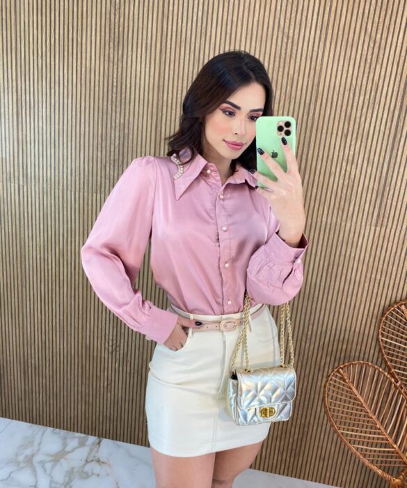 Camisa Feminina Manga Longa Detalhe em Pérolas Rose - Fernanda Ramos Store