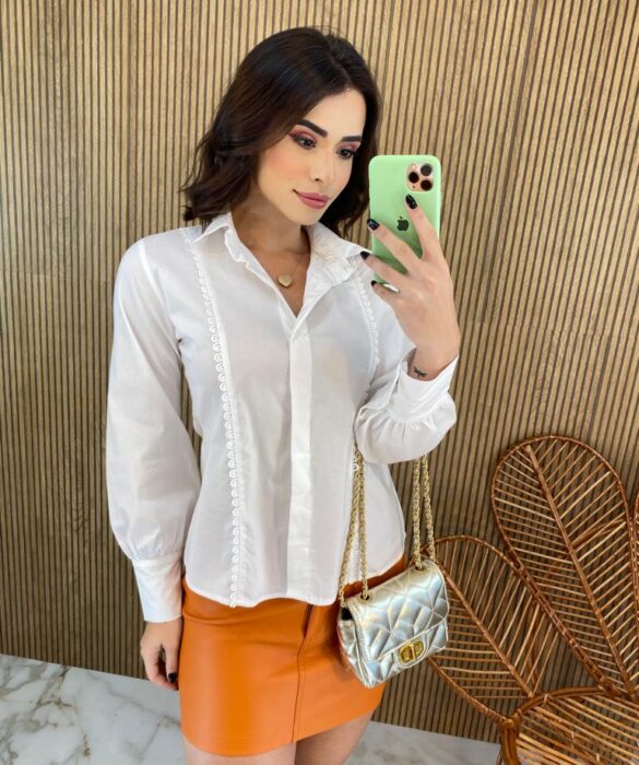 Camisa Feminina Manga Longa Tricoline com Renda Branca - Fernanda Ramos Store