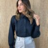 Camisa Feminina Manga Longa Tricoline com Renda Preta - Fernanda Ramos Store