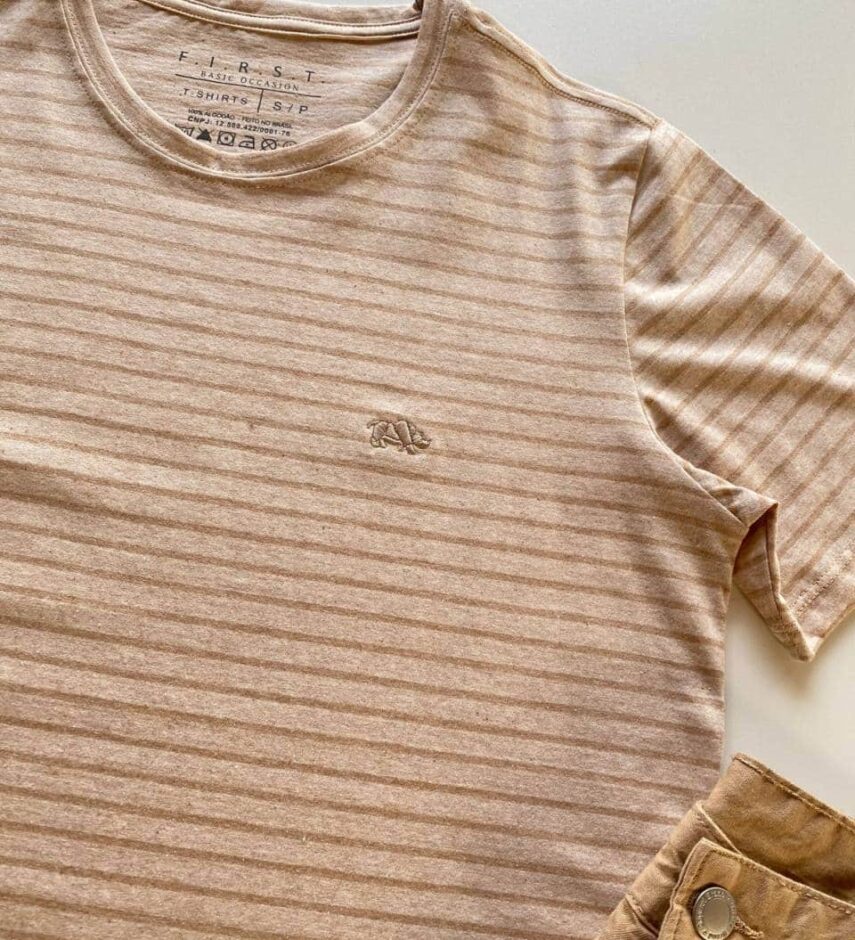 Camiseta Masculina Basic Ocass Listrada Bege Cor 33 - Fernanda Ramos Store
