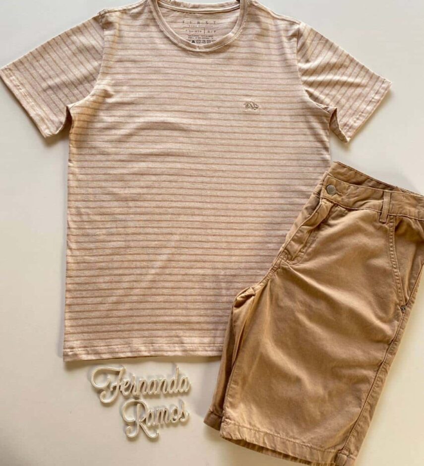 Camiseta Masculina Basic Ocass Listrada Bege Cor 33 - Fernanda Ramos Store