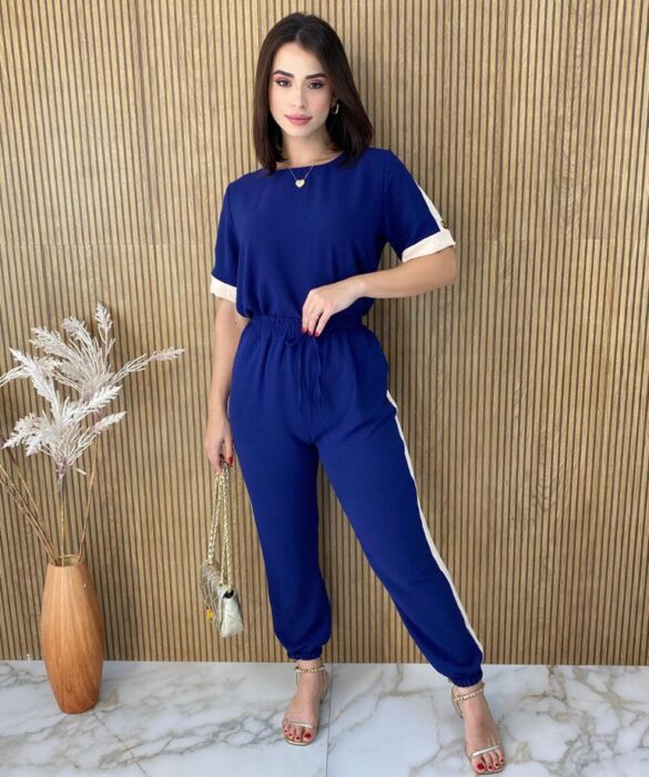 Conjunto Feminino Calça e Blusa Manga Curta Ingrid Azul - Fernanda Ramos Store