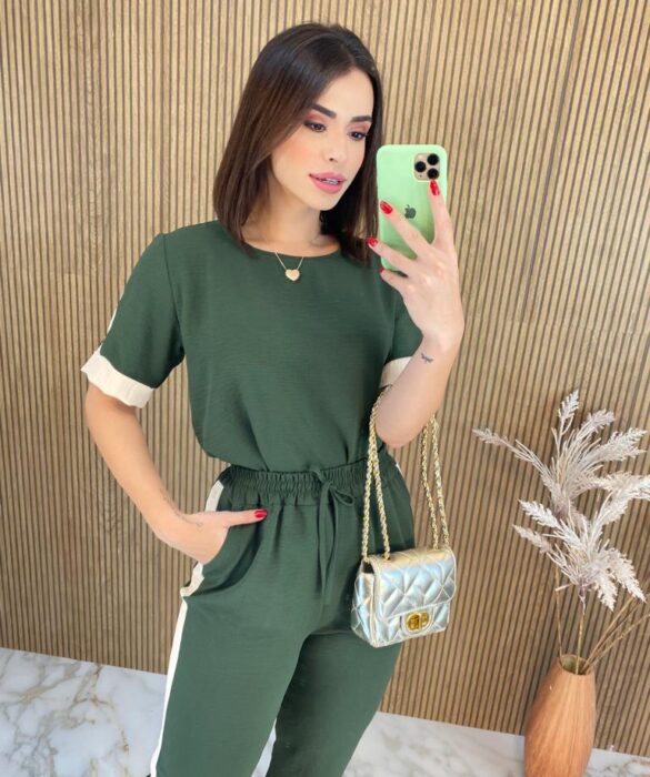 Conjunto Feminino Calça e Blusa Manga Curta Ingrid Verde Militar - Fernanda Ramos Store