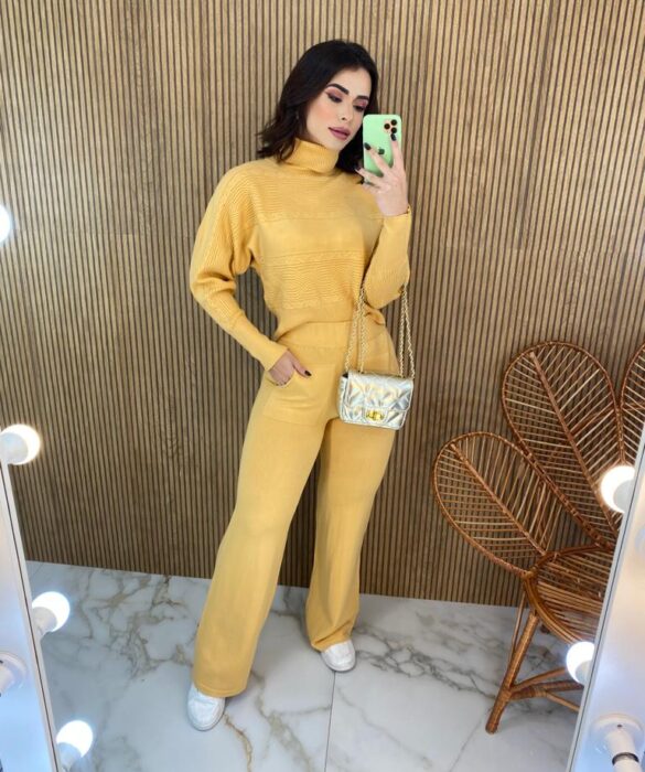 Conjunto Feminino Calça e Blusa Manga Longa Tricot Amarelo - Fernanda Ramos Store