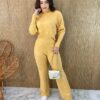 Conjunto Feminino Calça e Blusa Manga Longa Tricot Amarelo - Fernanda Ramos Store