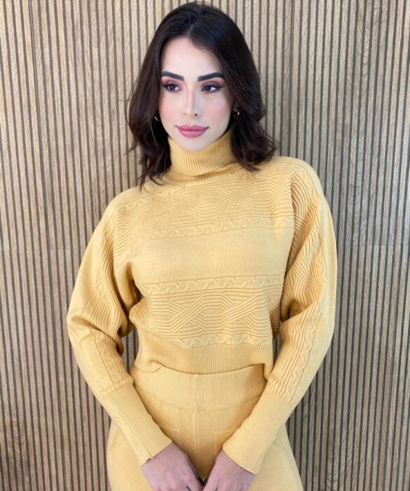 Conjunto Feminino Calça e Blusa Manga Longa Tricot Amarelo - Fernanda Ramos Store