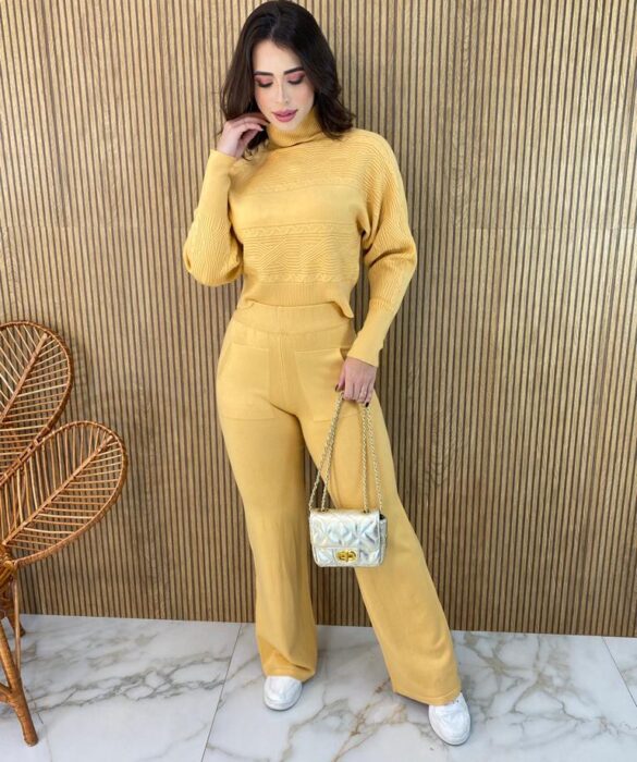 Conjunto Feminino Calça e Blusa Manga Longa Tricot Amarelo - Fernanda Ramos Store