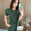 Conjunto Feminino Crepe Calça e Blusa Manga Curta Verde Militar - Fernanda Ramos Store