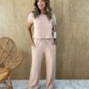 Conjunto Feminino Moletinho Calça e Cropped Chloe Bege - Fernanda Ramos Store