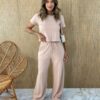 Conjunto Feminino Moletinho Calça e Cropped Chloe Bege - Fernanda Ramos Store