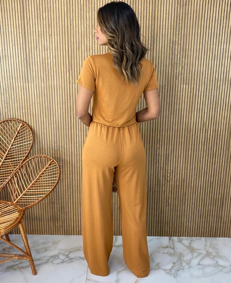 Conjunto Feminino Moletinho Calça e Cropped Chloe Caramelo - Fernanda Ramos Store