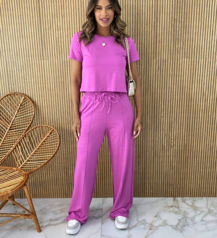 Conjunto Feminino Moletinho Calça e Cropped Chloe Lilás - Fernanda Ramos Store