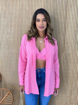 Conjunto Feminino Top Cropped com Bojo e Camisa Laise Rosa - Fernanda Ramos Store