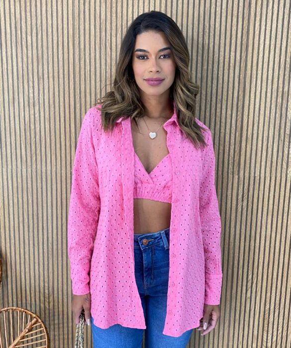 Conjunto Feminino Top Cropped com Bojo e Camisa Laise Rosa - Fernanda Ramos Store