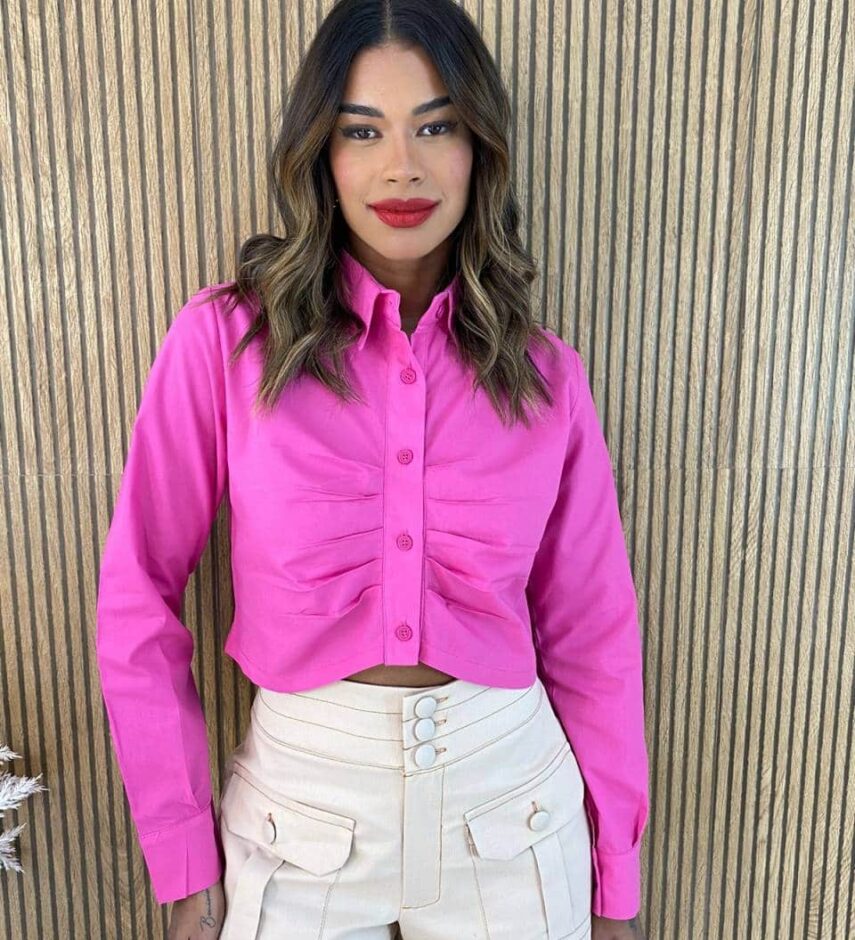 Cropped Ana Feminino Manga Longa com Detalhes em Pregas Rosa - Fernanda Ramos Store