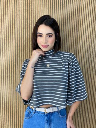 Cropped Feminino de Malha Manga 3/4 Listrado Cinza - Fernanda Ramos Store