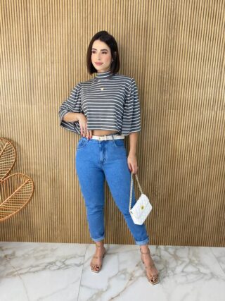 Cropped Feminino de Malha Manga 3/4 Listrado Cinza - Fernanda Ramos Store