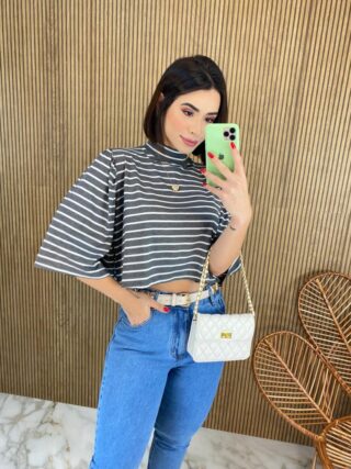 Cropped Feminino de Malha Manga 3/4 Listrado Cinza - Fernanda Ramos Store