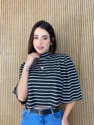 Cropped Feminino de Malha Manga 3/4 Listrado Preto - Fernanda Ramos Store
