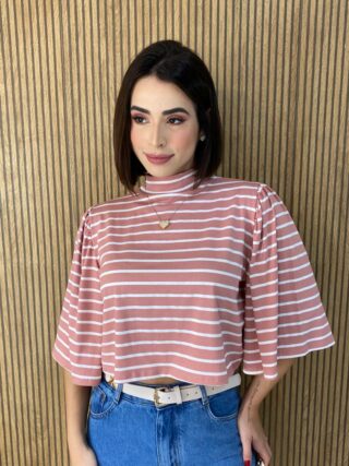 Cropped Feminino de Malha Manga 3/4 Listrado Rose - Fernanda Ramos Store