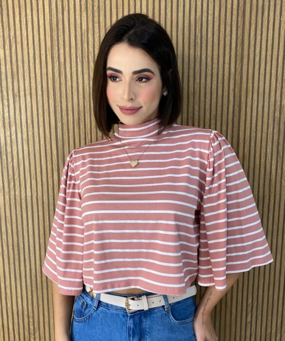 Cropped Feminino de Malha Manga 3/4 Listrado Rose - Fernanda Ramos Store