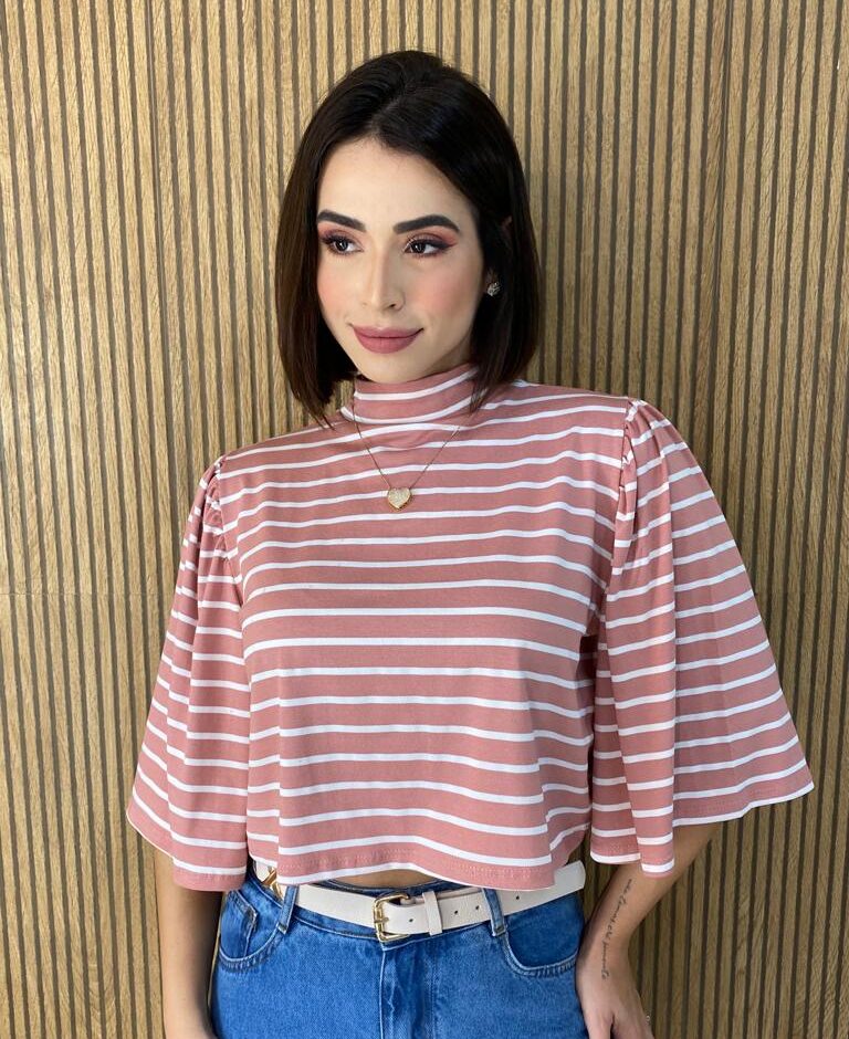 Cropped Feminino de Malha Manga 3/4 Listrado Rose - Fernanda Ramos Store