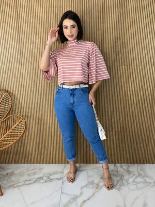 Cropped Feminino de Malha Manga 3/4 Listrado Rose - Fernanda Ramos Store