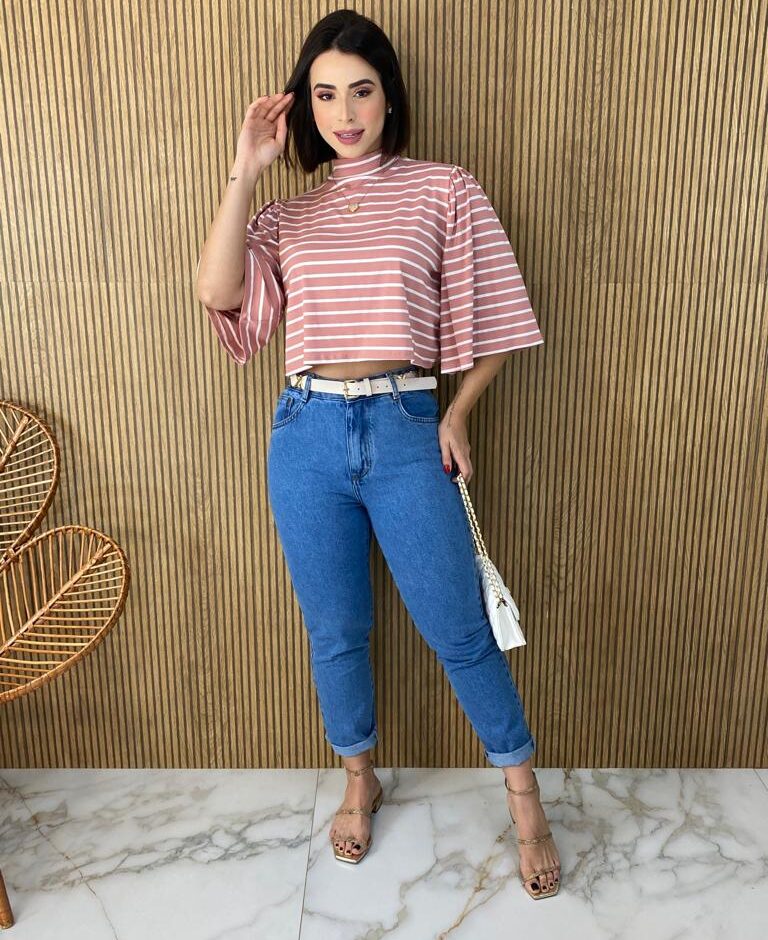 Cropped Feminino de Malha Manga 3/4 Listrado Rose - Fernanda Ramos Store