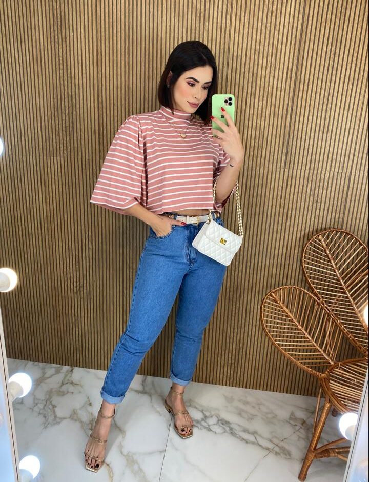 Cropped Feminino de Malha Manga 3/4 Listrado Rose - Fernanda Ramos Store