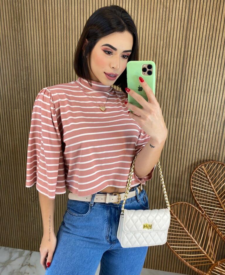 Cropped Feminino de Malha Manga 3/4 Listrado Rose - Fernanda Ramos Store