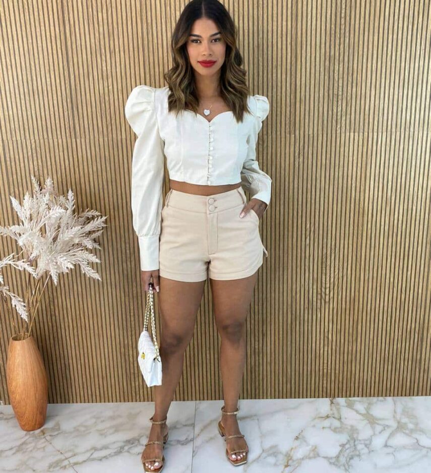 Cropped Feminino Manga Longa Bufante Tricoline Cru - Fernanda Ramos Store