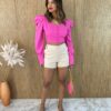 Cropped Feminino Manga Longa Bufante Tricoline Pink - Fernanda Ramos Store