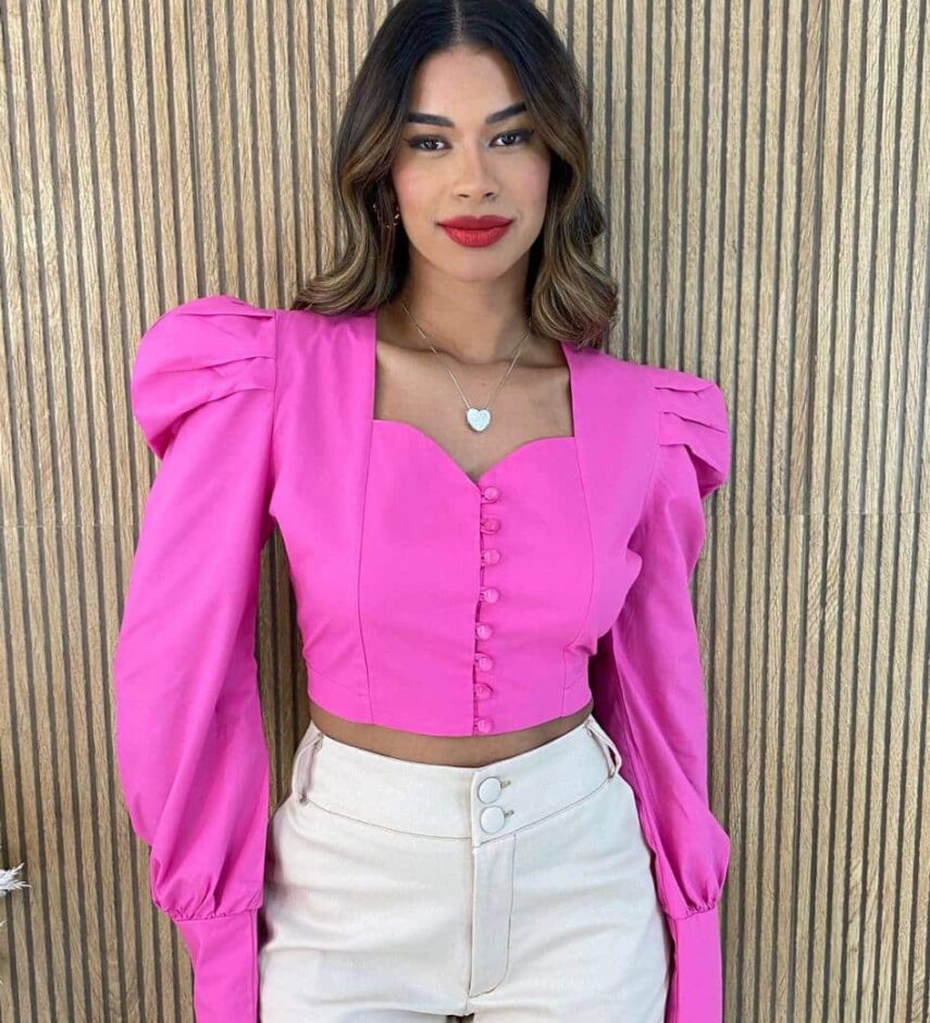 Cropped Feminino Manga Longa Bufante Tricoline Pink - Fernanda Ramos Store