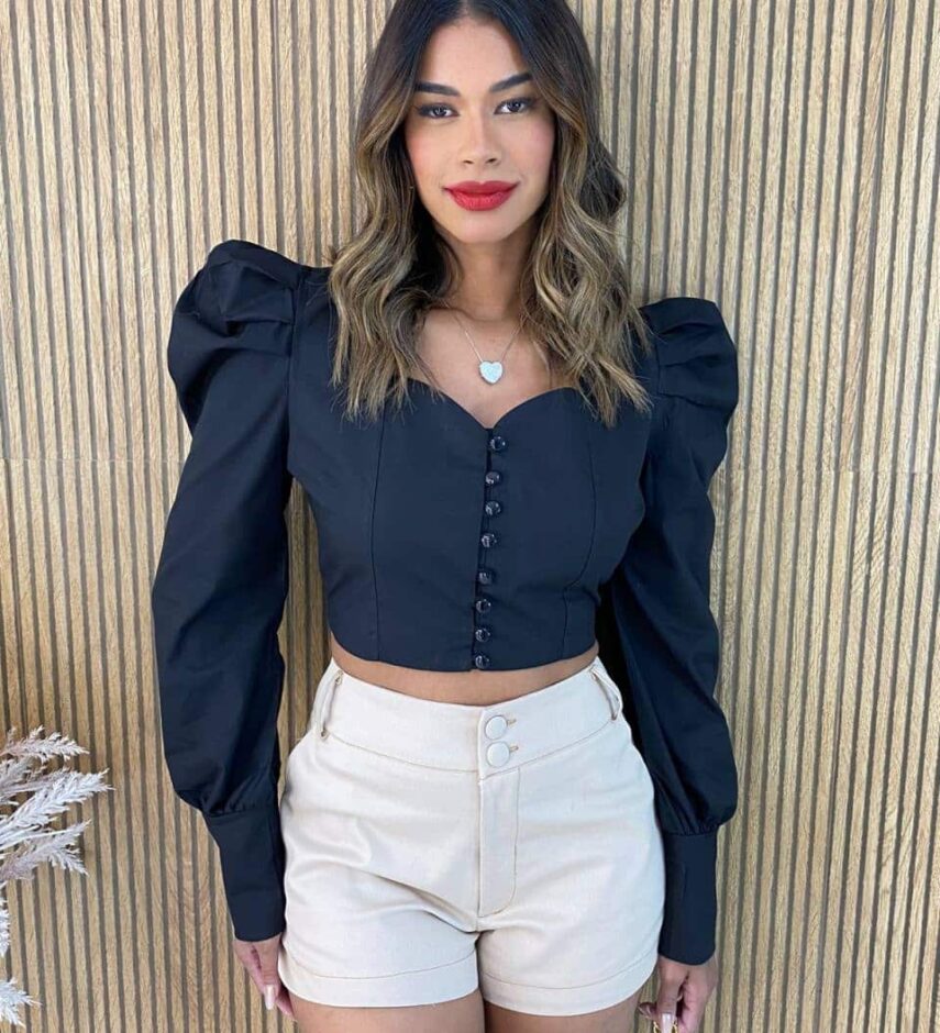 Cropped Feminino Manga Longa Bufante Tricoline Preto - Fernanda Ramos Store