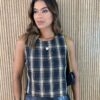 Cropped Feminino sem Bojo Xadrez Preto e Bege - Fernanda Ramos Store