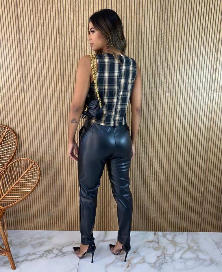 Cropped Feminino sem Bojo Xadrez Preto e Bege - Fernanda Ramos Store