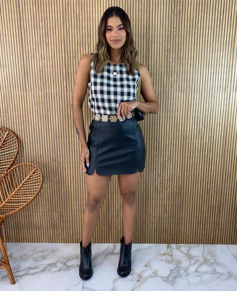 Cropped Feminino sem Bojo Xadrez Preto e Off White - Fernanda Ramos Store