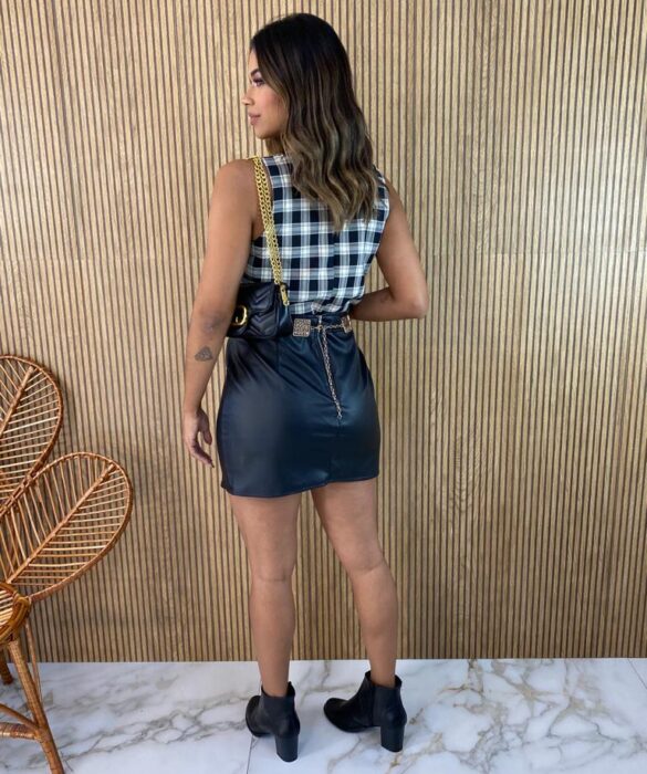 Cropped Feminino sem Bojo Xadrez Preto e Off White - Fernanda Ramos Store