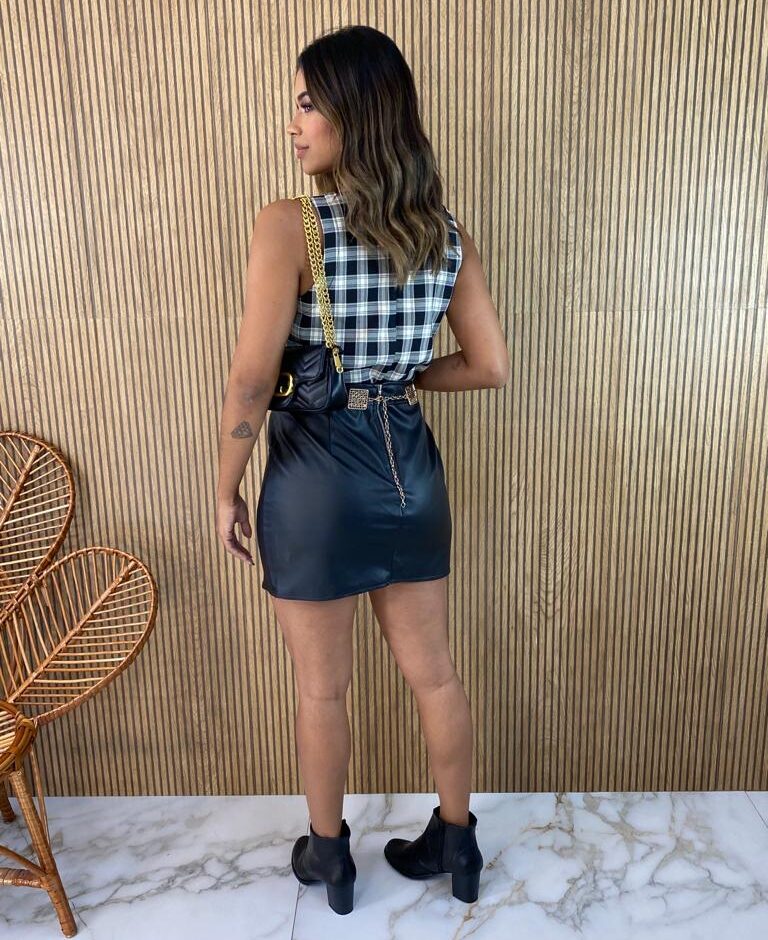 Cropped Feminino sem Bojo Xadrez Preto e Off White - Fernanda Ramos Store