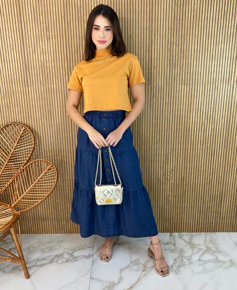 Cropped Manga Curta Básico com Gola Caramelo - Fernanda Ramos Store