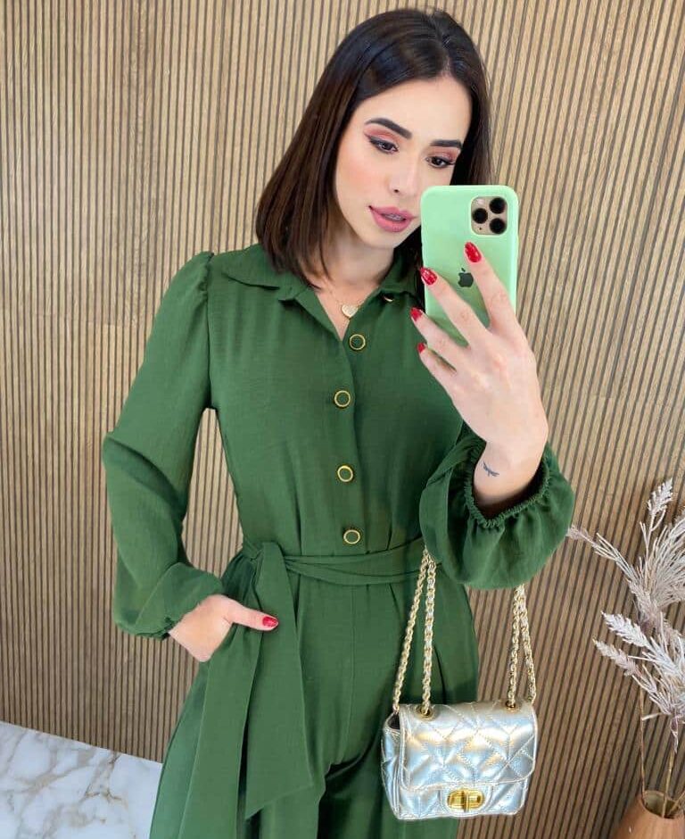 Macacão Feminino sem Bojo Duna Manga Longa com Faixa Verde - Fernanda Ramos Store